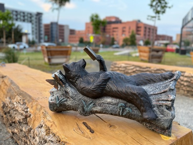 A small bear sculpture at Cloud 9 Park, located int he 9+Co development in East Denver. by Daniel Tseng, special to the Denver Post