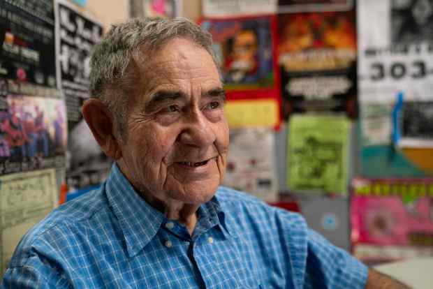 Owner Timeo Correa poses for a portrait at Timeo's Theater Bar before opening for First Friday Art Walks put on by Denver's Art District on Santa Fe, Friday, June 7, 2024, in Denver. Correa has owned the Aztlan Theatre for over 50 years. (Rebecca Slezak/Special to The Denver Post)